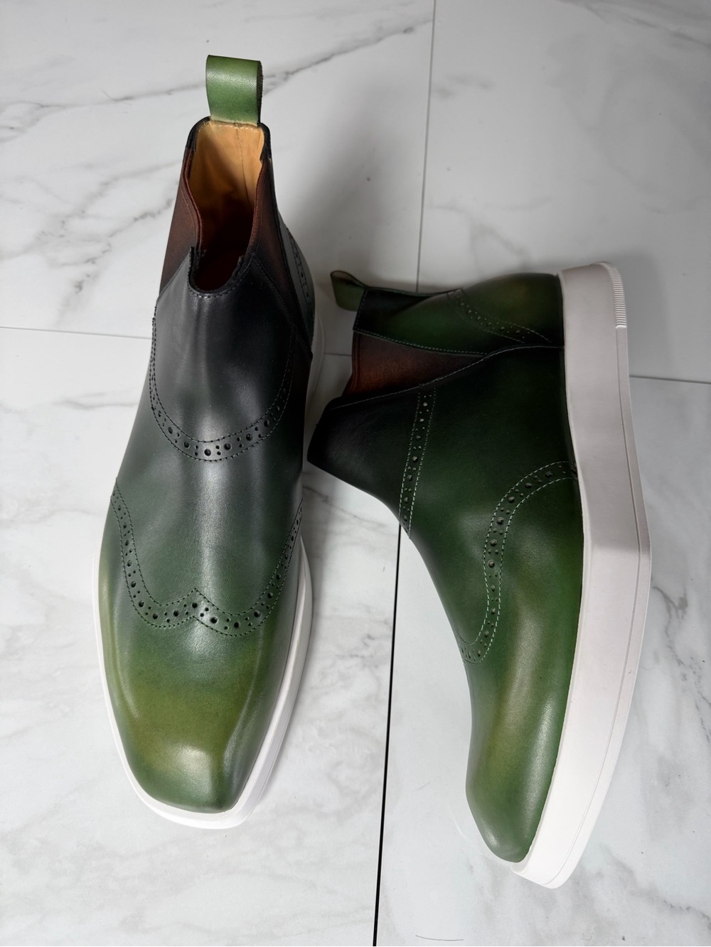 Men's Green Leather Wingtip Chelsea Boots with White Sole